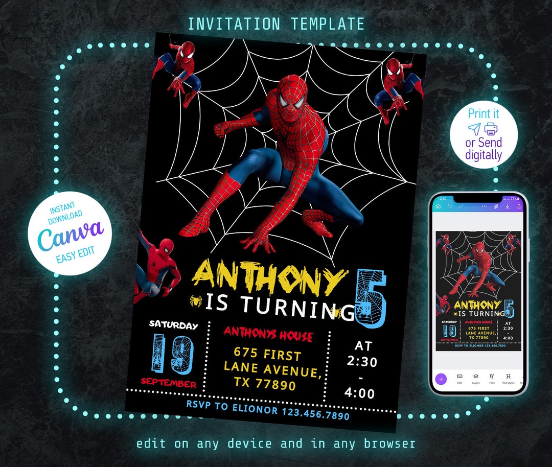Spiderman Birthday Invitation, Comics Superhero Invite, Printable ...