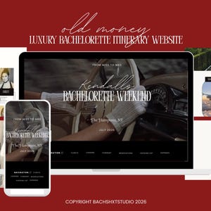 May include: A website design for a luxury bachelorette itinerary, displayed on a laptop, phone, and other screens. The design features a vintage car image, event details, and the text "Kendall's Bachelorette Weekend" in a stylish font. The background is a deep red.
