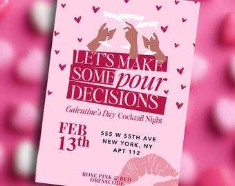 Galentine's Day Cocktail Invitation: Pink & Red, Customizable Canva Template (Digital Download)