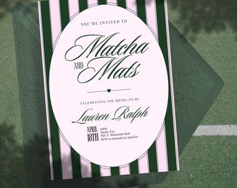 Matcha & Mats Pilates Party Invitation Template, Printable Party Decor, Pink and Green Old Money Bridal Shower