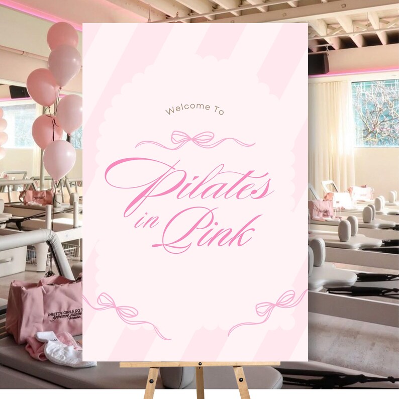 Pilates in Pink Welcome Sign: Baby Pink Stripes and Bow, Editable Canva Template (Digital Download) 24x36