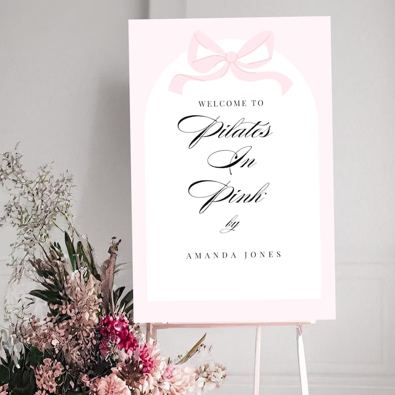 Pilates in Pink Welcome Sign, Pilates Birthday Banner, Pink Wellness Welcome Banner, Pilates Party Sign, Editable Canva Template 18x24