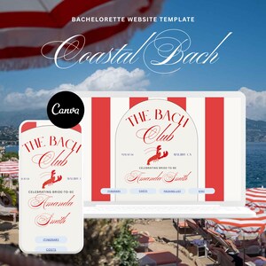 Może przedstawiać: Cyfrowy projekt szablonu strony internetowej na wieczór panieński. Projekt zawiera czerwono-białe paski w tle z tekstem "Coastal Bach". Telefon i laptop wyświetlają projekt strony internetowej z tekstem "The Bach Club" i grafiką homara.