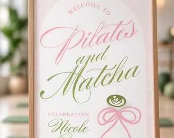 Pilates and Matcha Birthday Party Sign Template, Printable Party Decor, Digital Download