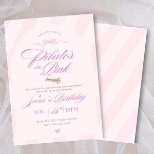 Pilates in Pink Birthday Invitation, Pilates Party Invite, Pink Wellness Event Flyer, Girls Wellness Party, Editable Canva Template 5x7"