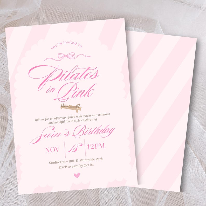 Pilates in Pink Birthday Invitation, Pilates Party Invite, Pink Wellness Event Flyer, Girls Wellness Party, Editable Canva Template 5x7"