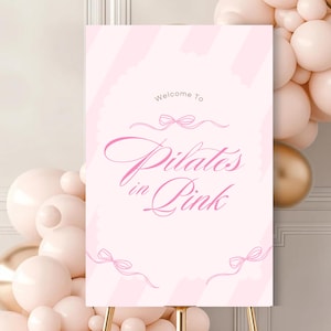 Pilates in Pink Welcome Sign: Baby Pink Stripes and Bow, Editable Canva Template (Digital Download) 24x36