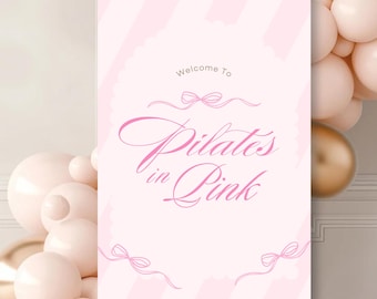 Pilates in Pink Welcome Sign: Editable Pink Stripes Canva Template (Digital Download)