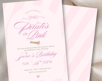 Pilates in Pink Birthday Invitation: Girls Wellness Party (5x7" Editable Canva Template)