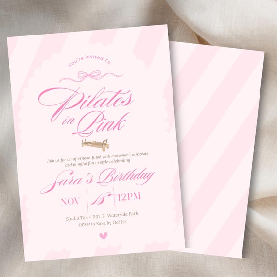 Pilates in Pink Birthday Invitation: Girls Wellness Party (5x7" Editable Canva Template)