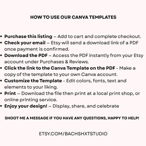 May include: A light pink graphic with black text that reads "HOW TO USE OUR CANVA TEMPLATES." Instructions include purchasing, downloading a PDF, customizing, and printing. The Etsy shop URL is also included.