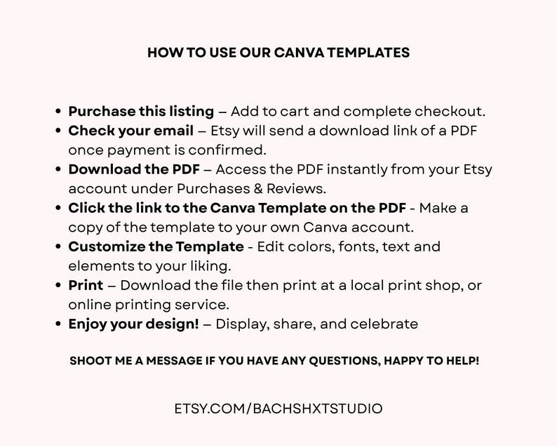 May include: A light pink graphic with black text that reads "HOW TO USE OUR CANVA TEMPLATES." Instructions include purchasing, downloading a PDF, customizing, and printing. The Etsy shop URL is also included.