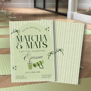 Puede incluir: Una invitación verde claro con el texto "Matcha & Mats" y "A Birthday Celebrating Emma". La invitación incluye un gráfico de una bebida de matcha y una esterilla de yoga. La fecha y hora se indican como 17/04/2026, 11:00.