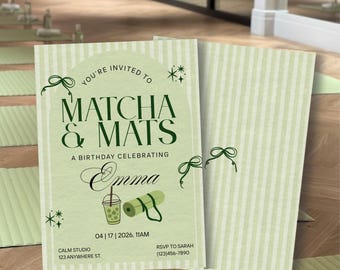 Matcha & Mats Pilates Birthday Invitation (Editable Canva Template)