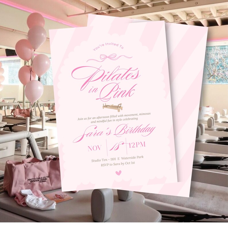 Pilates in Pink Birthday Invitation, Pilates Party Invite, Pink Wellness Event Flyer, Girls Wellness Party, Editable Canva Template 5x7"
