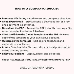 May include: A light pink graphic with black text that reads "HOW TO USE OUR CANVA TEMPLATES." Instructions include purchasing, downloading a PDF, customizing, and printing. The Etsy shop URL is also included.