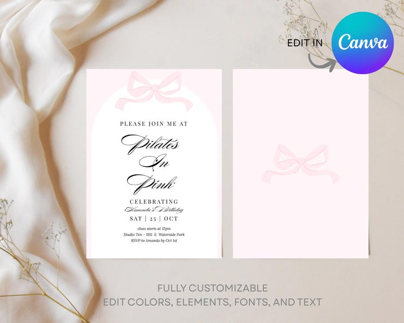 Pilates in Pink Invitation, Pilates Birthday Invite, Pink Wellness Event Flyer, Pilates Party, Editable Canva Template 5x7"