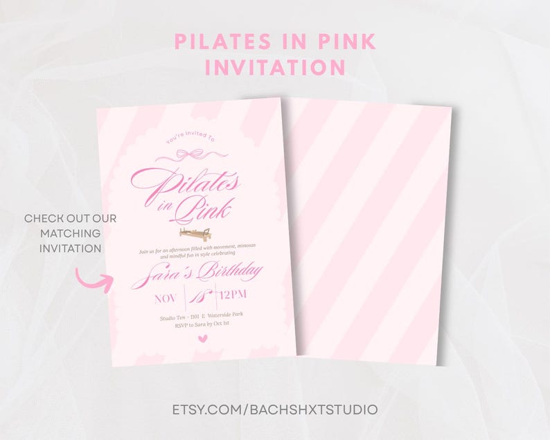 Pilates in Pink Welcome Sign: Baby Pink Stripes and Bow, Editable Canva Template (Digital Download) 24x36