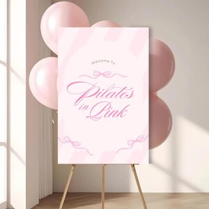 Pilates in Pink Welcome Sign: Baby Pink Stripes and Bow, Editable Canva Template (Digital Download) 24x36
