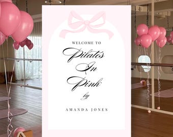 Pilates in Pink Welcome Sign: Blush Bow, Editable Canva Template (Digital Download)