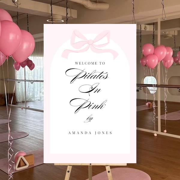 Pilates in Pink Welcome Sign: Blush Bow, Editable Canva Template (Digital Download)