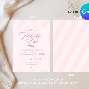 Pilates in Pink Birthday Invitation, Pilates Party Invite, Pink Wellness Event Flyer, Girls Wellness Party, Editable Canva Template 5x7"