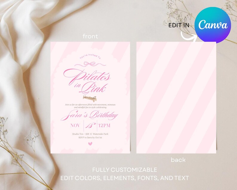 Pilates in Pink Birthday Invitation, Pilates Party Invite, Pink Wellness Event Flyer, Girls Wellness Party, Editable Canva Template 5x7"