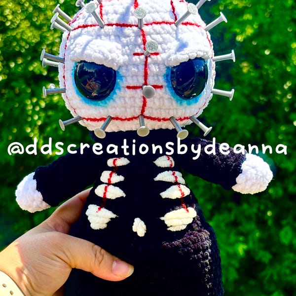 Pinhead Crochet Plushie — Handmade Horror Movie Doll — Cenobite from Hell Inspired Amigurumi — Halloween Gift for Horror Fans