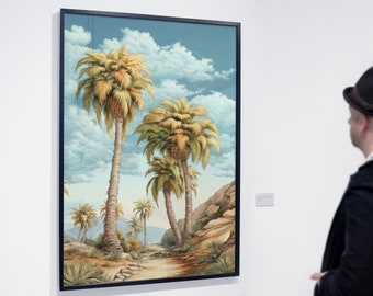 Palm Tree Mountain Dreamscape | Oil Painting Wall Art Print  | Hi-Res 300dpi | Digital Print