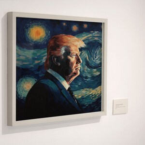 Puede incluir: Una pintura de un hombre con traje, con un fondo azul y amarillo en espiral que recuerda a "La noche estrellada" de Van Gogh.