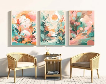 Pastel Watercolor Abstract Wall Art Prints Bundle (Set of 3) | Art Deco | Pink, Green, Orange | Hi-Res 300dpi |  Digital Prints
