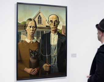 American Gothic Family and Cat | Historical Art Print | Cat Art, Funny Cat print, Grant Wood, Regionalism, Modernism | Hi-Res 300dpi