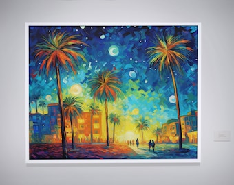 Starry Night Miami Beach | Oil Painting Wall Art Print  | Hi-Res 300dpi | Digital Print
