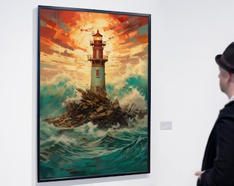 Coastal Lighthouse Vibrant Mid Century Wall Art Print  | Hi-Res 300dpi | Digital Print