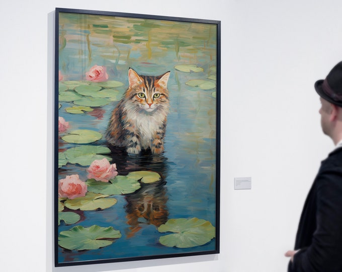 Cat Print Monet Water Lilies Bridge Funny Gift Poster Wall Art Home