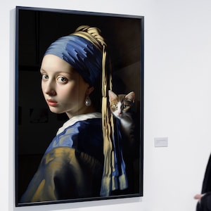 Girl with a Cat and Pearl Earrings | Historical Art Print | Cat Art, Funny Cat print, Johannes Vermeer, Dutch Golden Age | Hi-Res 300dpi