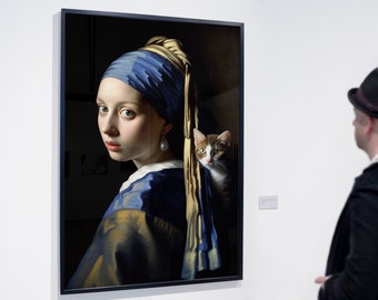 Girl with a Cat and Pearl Earrings | Historical Art Print | Cat Art, Funny Cat print, Johannes Vermeer, Dutch Golden Age | Hi-Res 300dpi