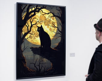 Gatos negros y la luna / Paquete de impresiones digitales de decoración de arte de pared (juego de 4) / ¡Elija 1 o use los 4! / Alta resolución 300 ppp / Impresiones digitales