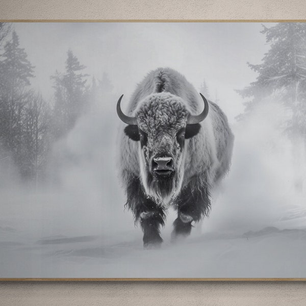 Snow Buffalo | Printable Art Download | Printable Wall Decor | Printable Wall Art | Mountain Landscape | Digital Download | Black and White