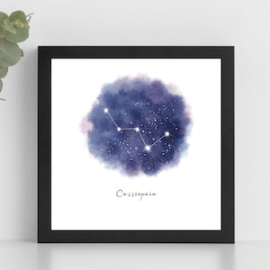 Kassiopeia Konstellation Kunstdruck, Astronomie Geschenk, Himmlische Sternenkarte Wanddekoration, Moderne Kunst Poster, Aquarell Konstellation Galaxie Druck