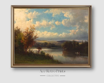 Vintage Autumn Lake Landscape Oil Painting Printable, Countryside Fall River Landscape Art Print, Farmhouse Wall Art, Cabin Decor