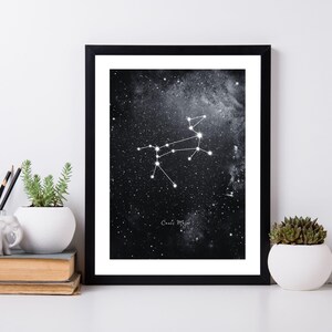 Puede incluir: Una impresión en blanco y negro de la constelación Canis Major, también conocida como el Gran Perro, sobre un fondo de cielo estrellado oscuro. La constelación se representa como un perro con una cola larga y una estrella brillante al final de su cola.