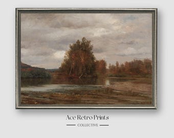 Pintura al óleo de estanque con paisaje otoñal vintage para imprimir, impresión artística de paisaje otoñal campestre, decoración de granja con arte campestre, descarga digital