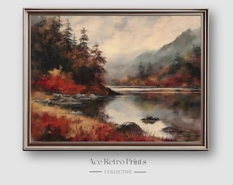 Autumn Lake Landscape Art Prints Digital Download, Kitchen Dining Room Wall Art, Fall River Landscape Painting, Rustic Fall Art Wall Decor