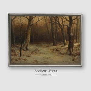 May include: A vintage painting of a snowy forest scene. The painting depicts a path leading through a grove of bare trees with a soft, golden light filtering through the branches. The ground is covered in a layer of fresh snow.