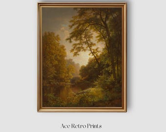 1800s Vintage Autumn Forest Stream Landscape Painting, Sunset Fall Landscape Art Print Digital Download, Fall Season Decor, Printable art