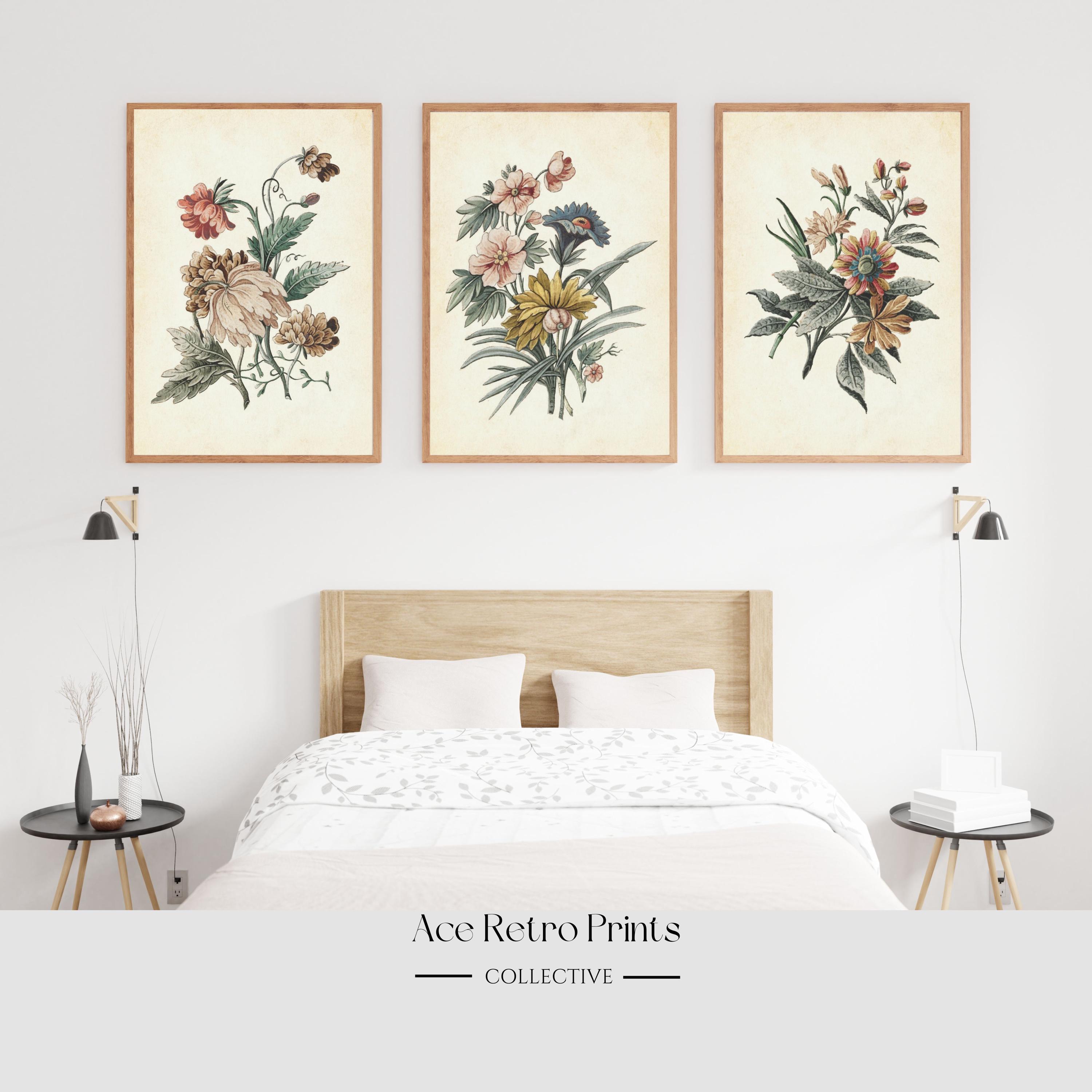 Set of 3 Botanical Wall Art Printable, Vintage Floral Prints Above Bed ...