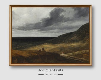 Dipinto ad olio di paesaggio di campagna malinconico, stampa di fattoria d'epoca, download digitale, stampa artistica di paesaggio rustico di montagna e collina