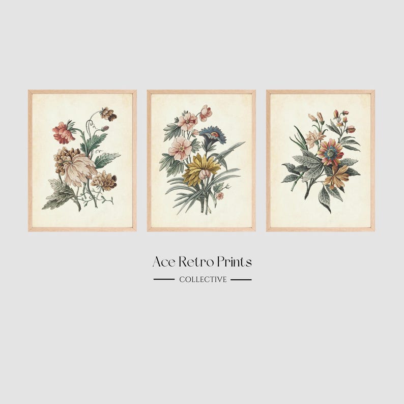 Set of 3 Botanical Wall Art Printable, Vintage Floral Prints Above Bed ...