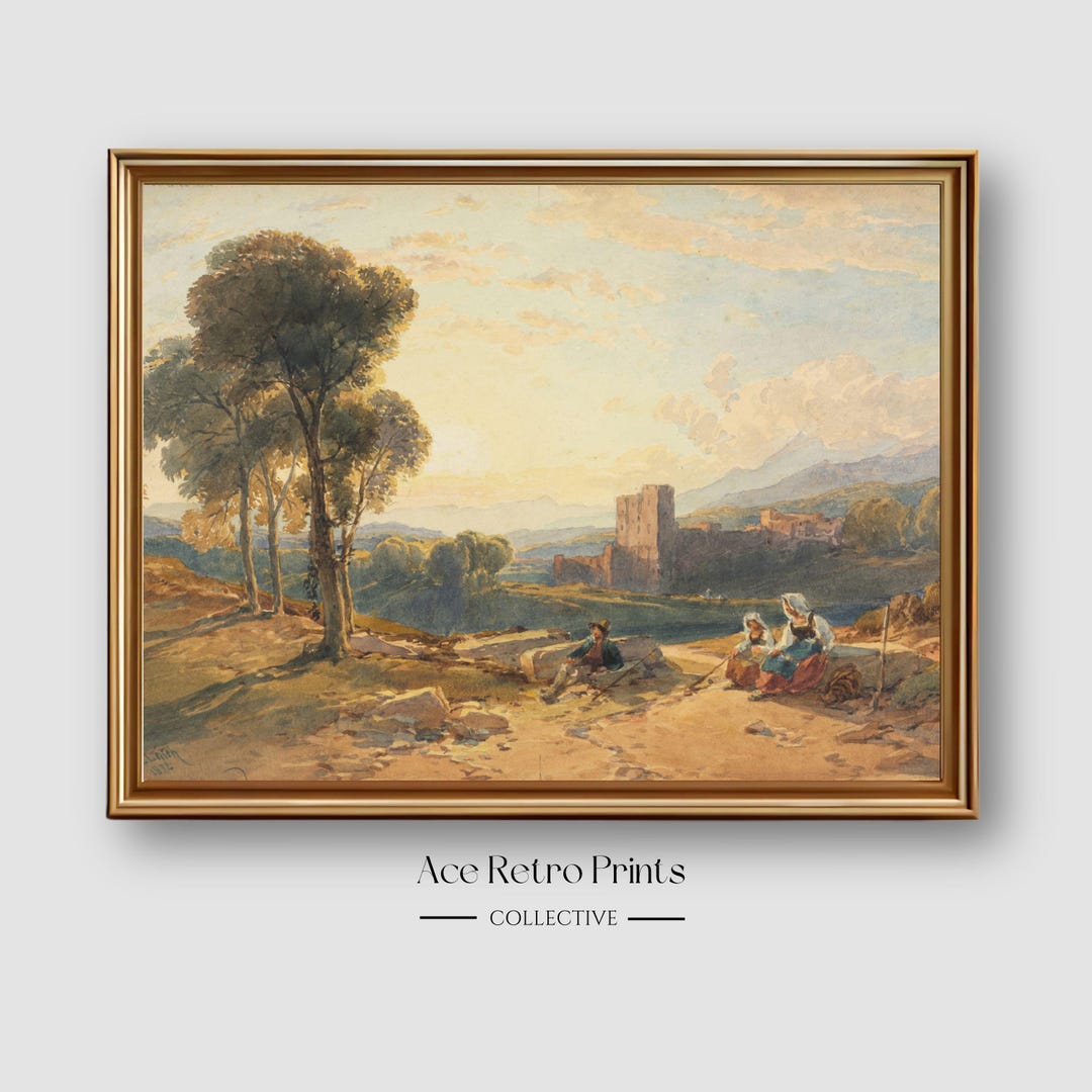 Vintage Italy Landscape Painting, 1800s Country Scene Mountain ...